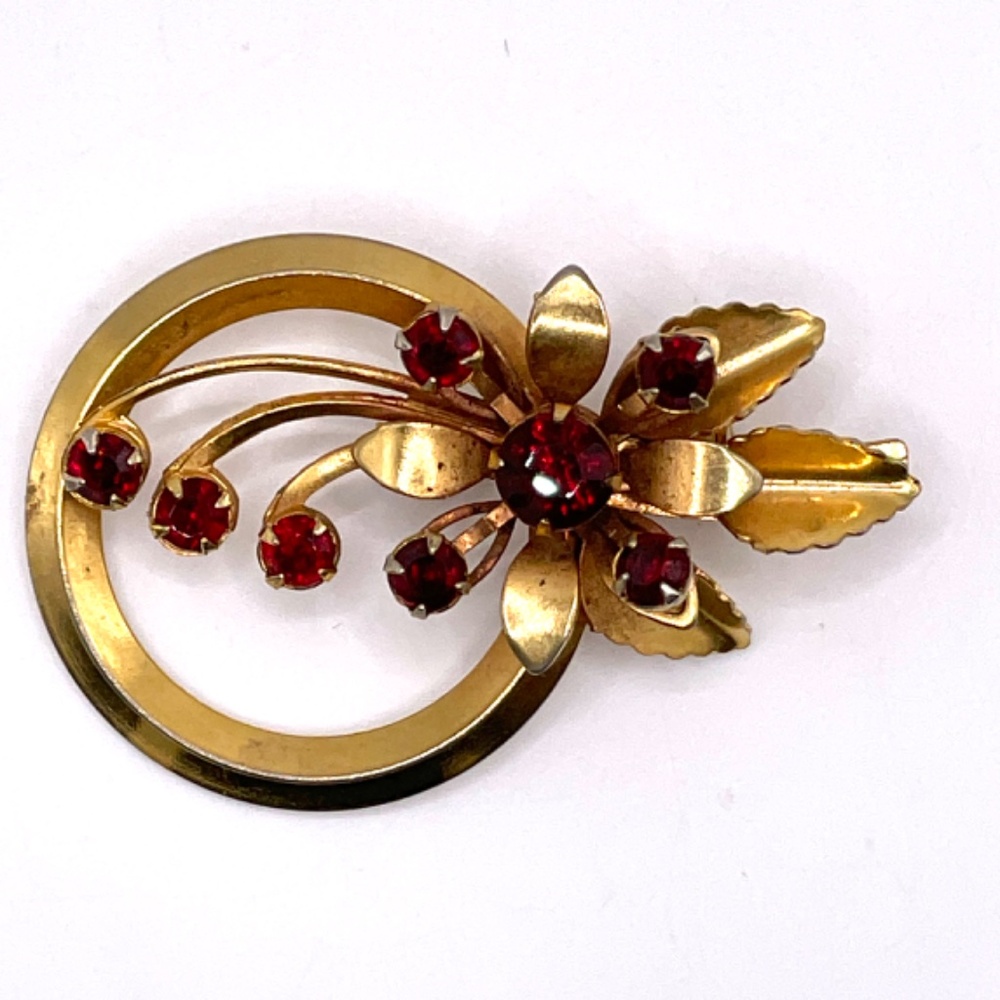 Vintage Unsigned Gold Tone Ruby Red Rhinestone Ci… - image 7
